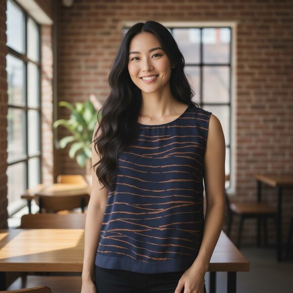 Select Woman Blue & Brown Striped Sleeveless Top Sz S - Picture 1 of 7